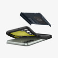 ACS05734 - Galaxy S23 Case Slim Armor in metal slate showing the back bending slightly away from device to show the flexibility and back layer hovering above
