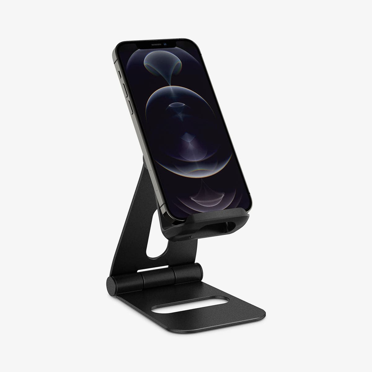 AMP02780 - S311 Charger Stand in black showing the front and side with phone on stand