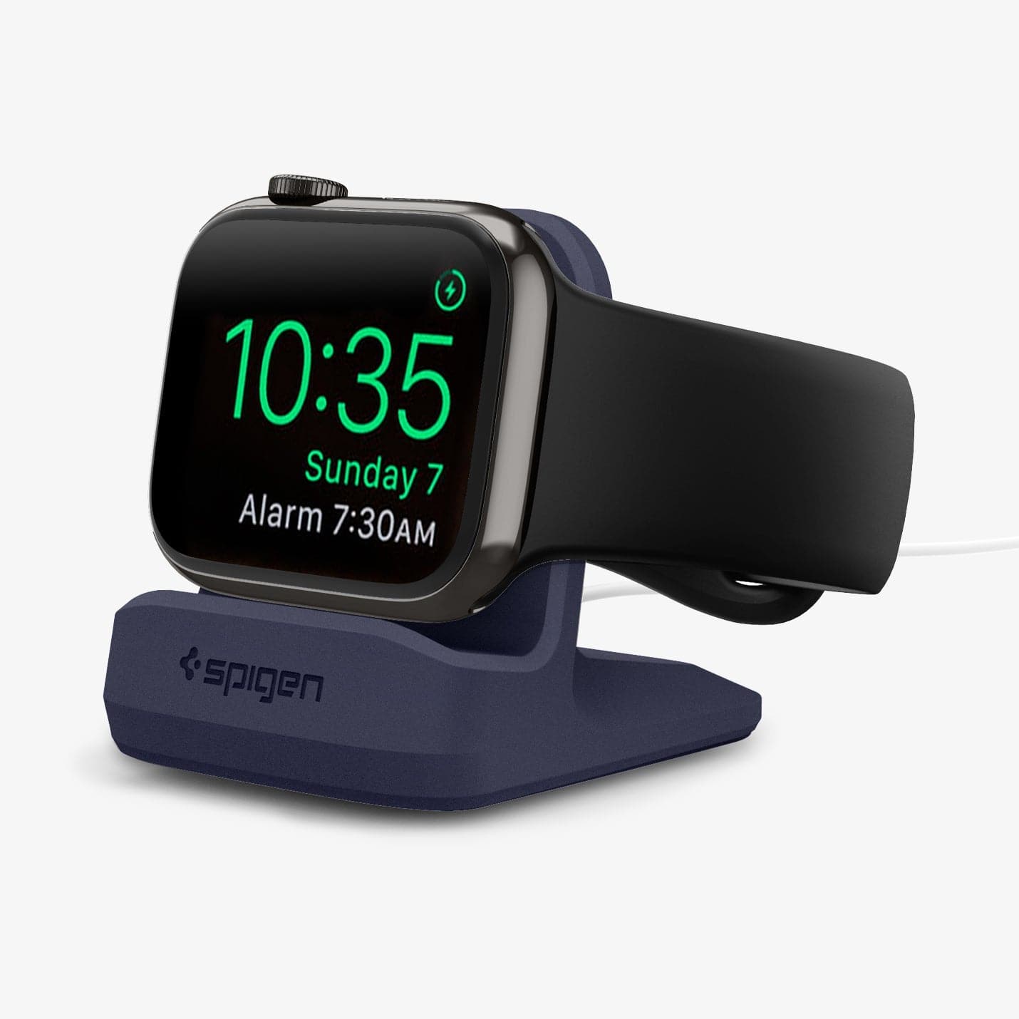 000CD21182 - Apple Watch Night Stand S350 in midnight blue showing the front and side with watch on stand