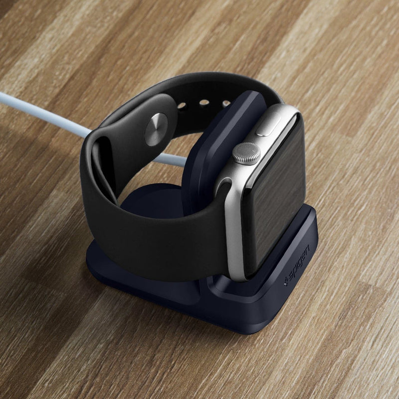000CD21182 - Apple Watch Night Stand S350 in midnight blue showing the top and front with watch on stand on a desk