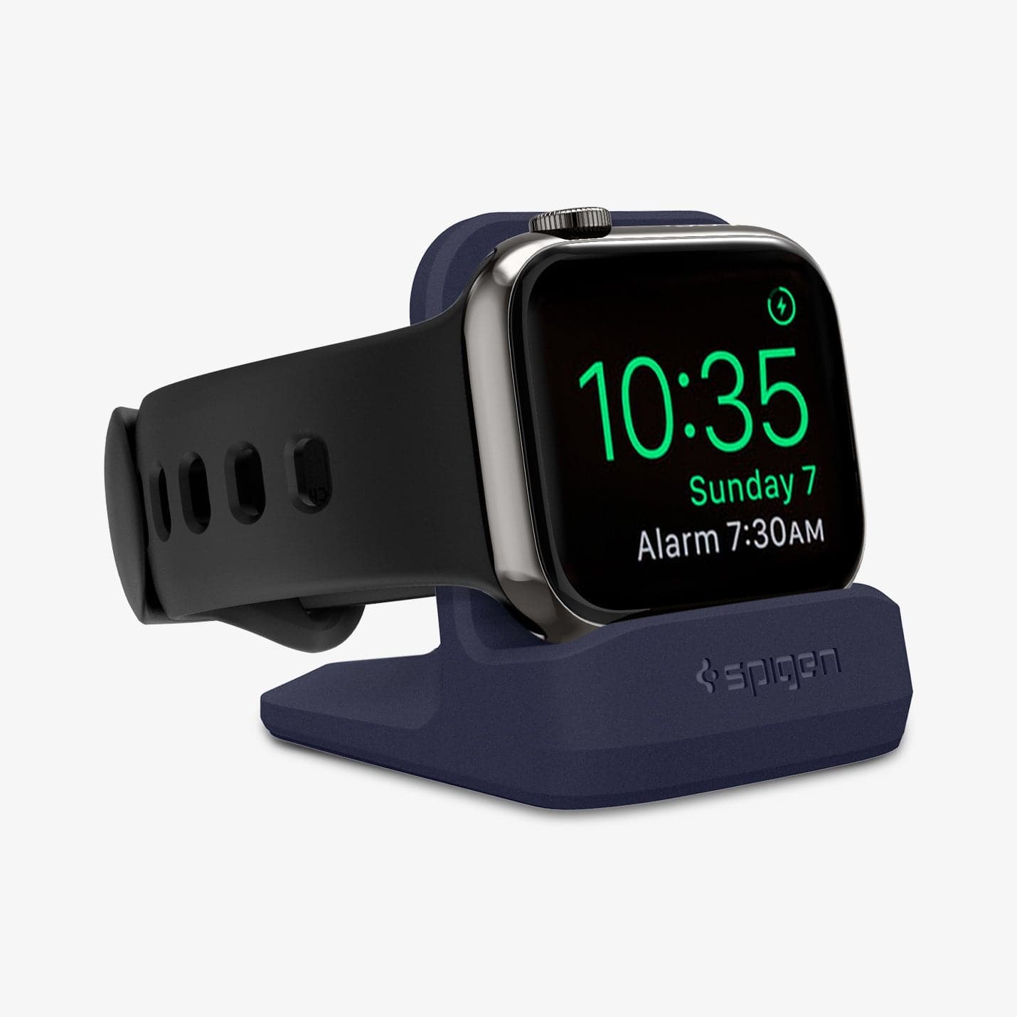 000CD21182 - Apple Watch Night Stand S350 in midnight blue showing the front and partial side with watch on stand