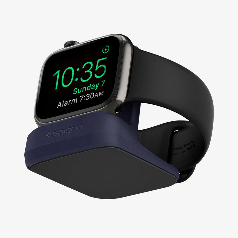000CD21182 - Apple Watch Night Stand S350 in midnight blue showing the front and bottom with watch on stand