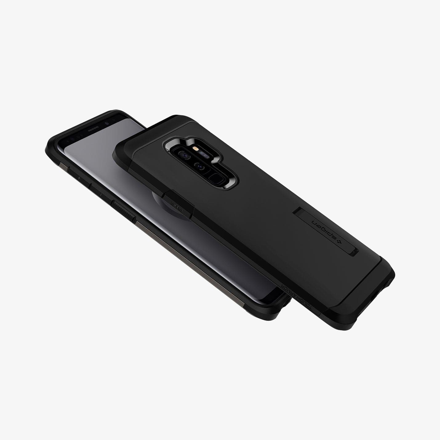 593CS22933 - Galaxy S9 Plus Tough Armor Case in black showing the back and side of two devices
