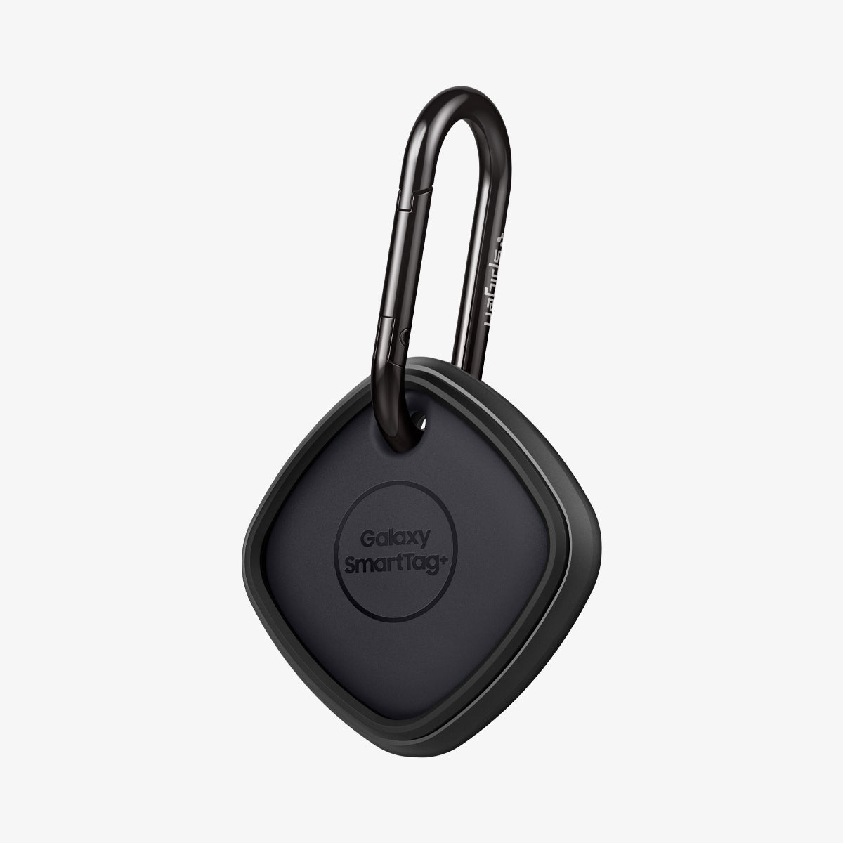 ACS03411 - Galaxy SmartTag+ Case Rugged Armor in matte black showing the front and partial side with carabiner