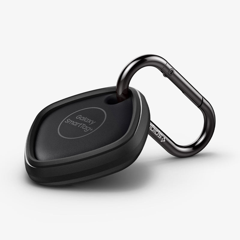 ACS03411 - Galaxy SmartTag+ Case Rugged Armor in matte black showing the front and side with carabiner