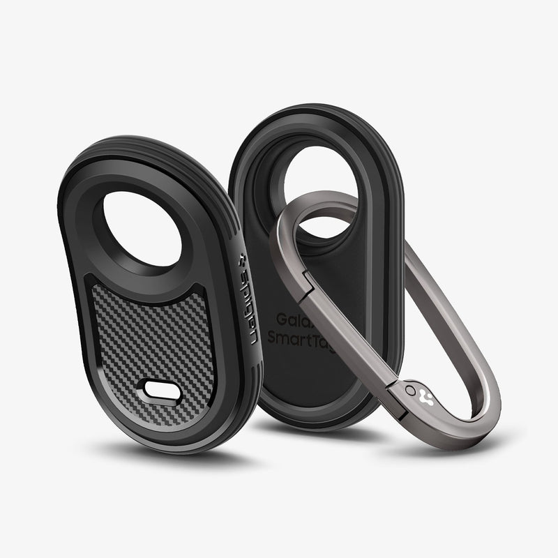 ACS06271 - Galaxy SmartTag 2 Case Rugged Armor in matte black showing the front and back with carabiner