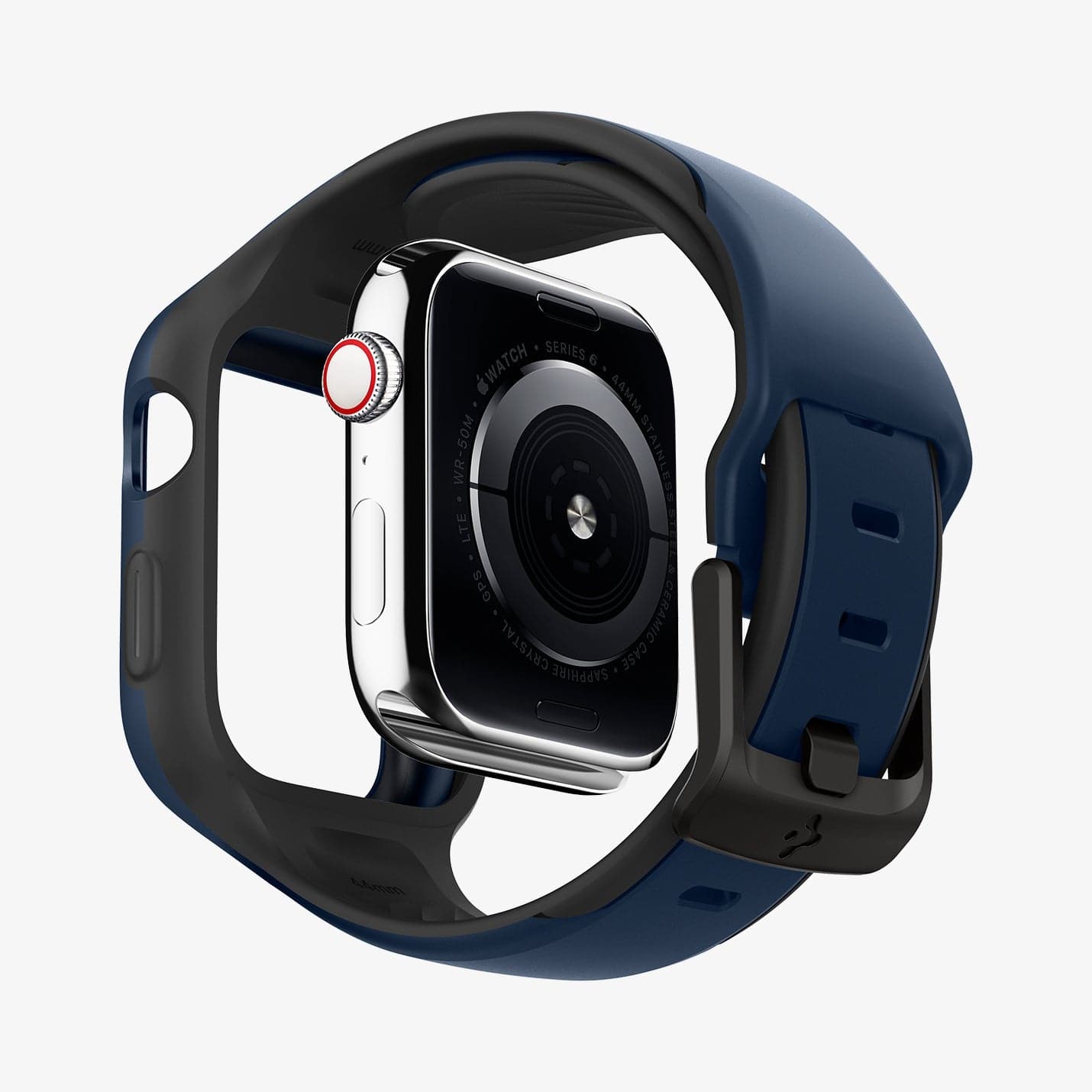 ACS02225 - Apple Watch Series (44mm) Case Liquid Air Pro in navy blue showing the back with watch face hovering away from band