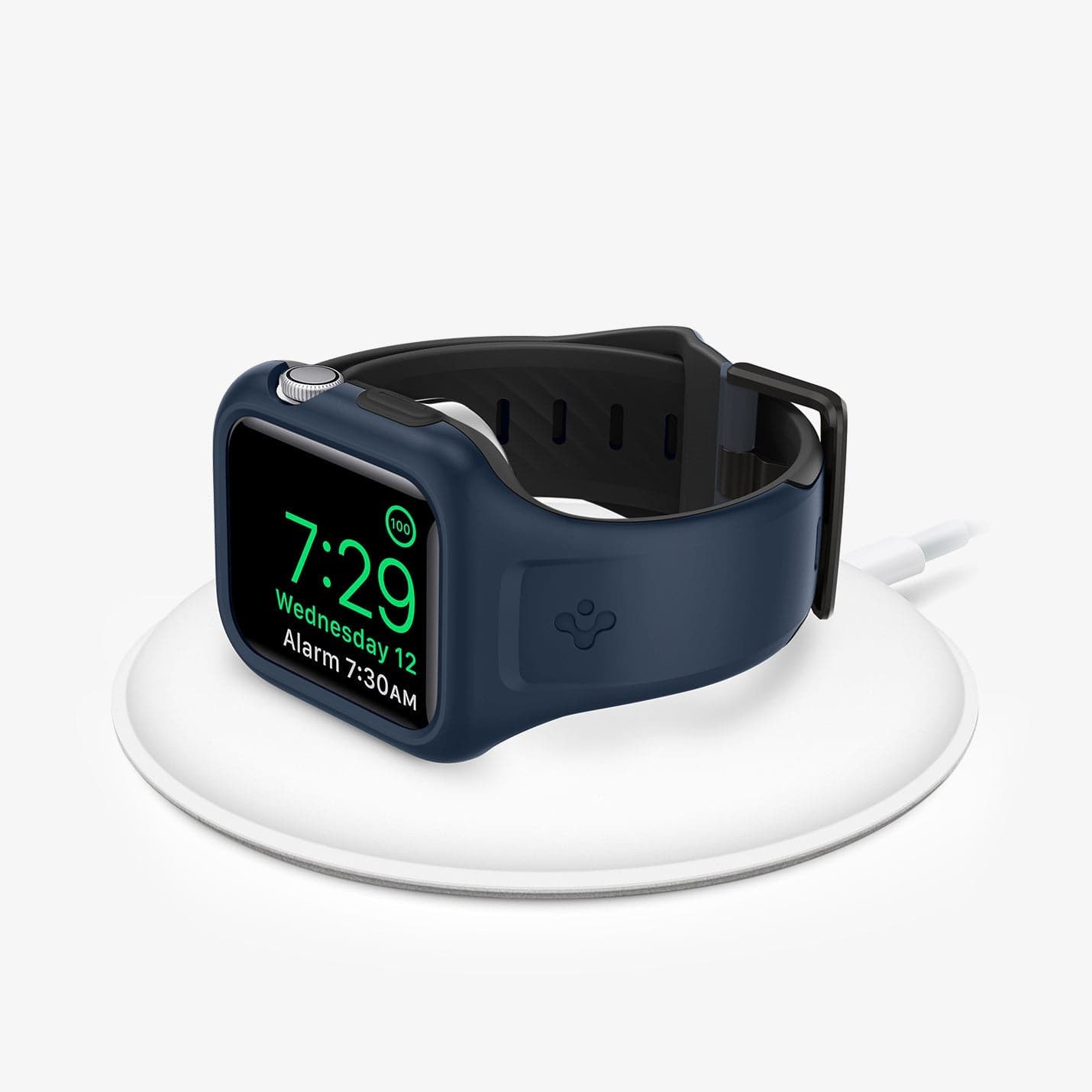 ACS02225 - Apple Watch Series (44mm) Case Liquid Air Pro in navy blue showing the front with watch on wireless charger