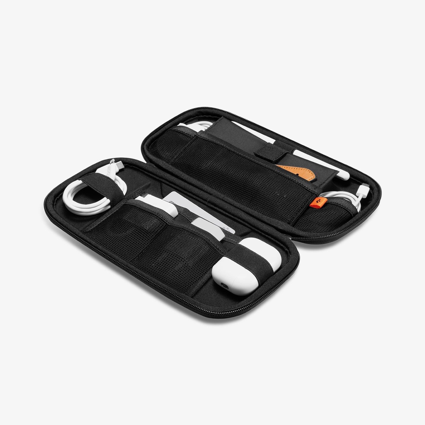 AFA05509 - Rugged Armor® Pro Slim Cable Organizer Bag in black showing the inside of bag with cables, airpods and pencil inserted in slots