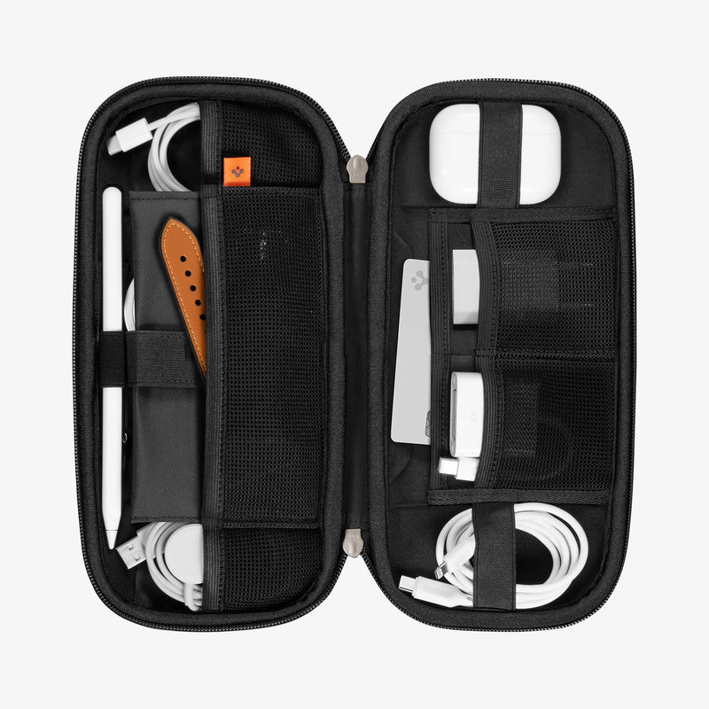 AFA05509 - Rugged Armor® Pro Slim Cable Organizer Bag in black showing the inside of bag with cables, watch band and pencil inserted in slots