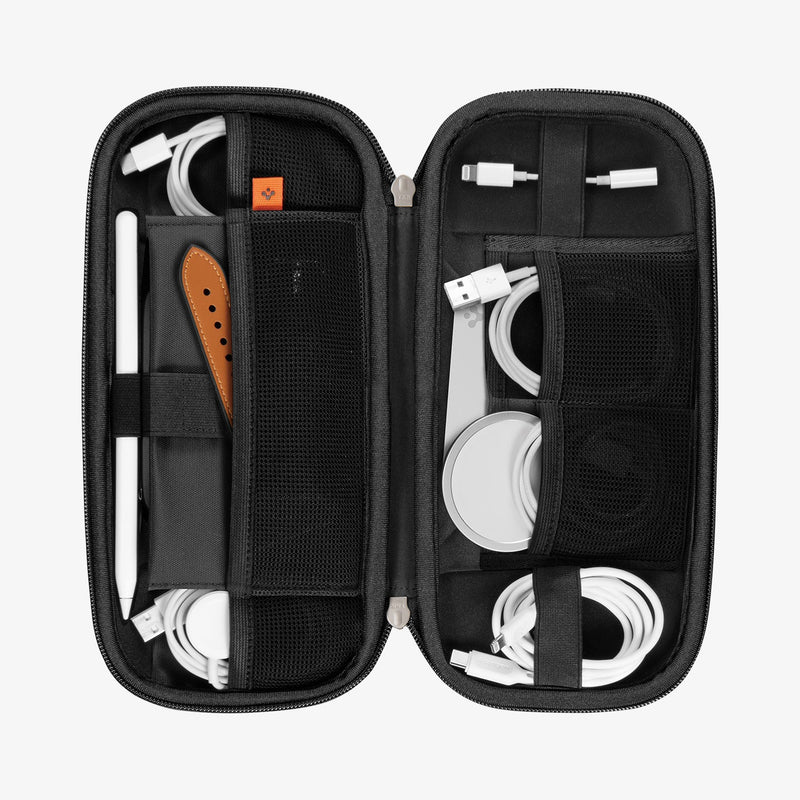 AFA05509 - Rugged Armor® Pro Slim Cable Organizer Bag in black showing the inside of bag with cables, airpods and pencil inserted in slots