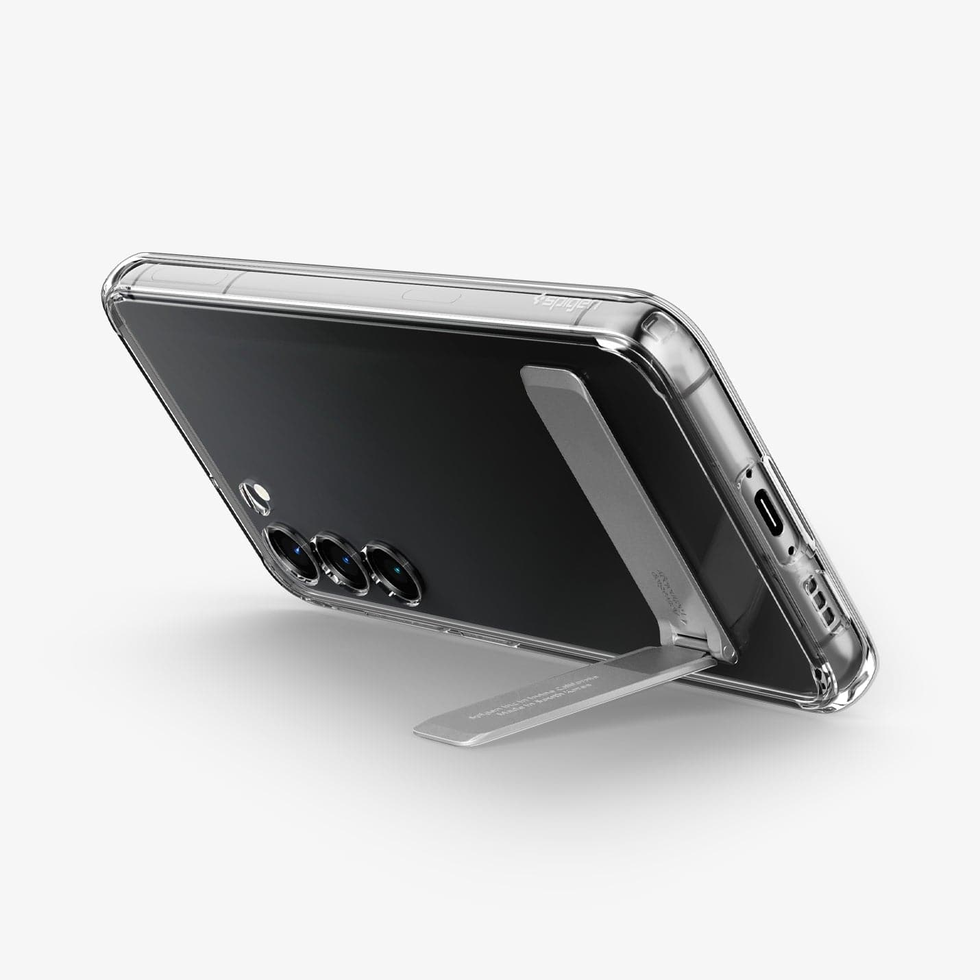 ACS05717 - Galaxy S23 Case Ultra Hybrid S in crystal clear showing the back and bottom with device propped up by built in kickstand