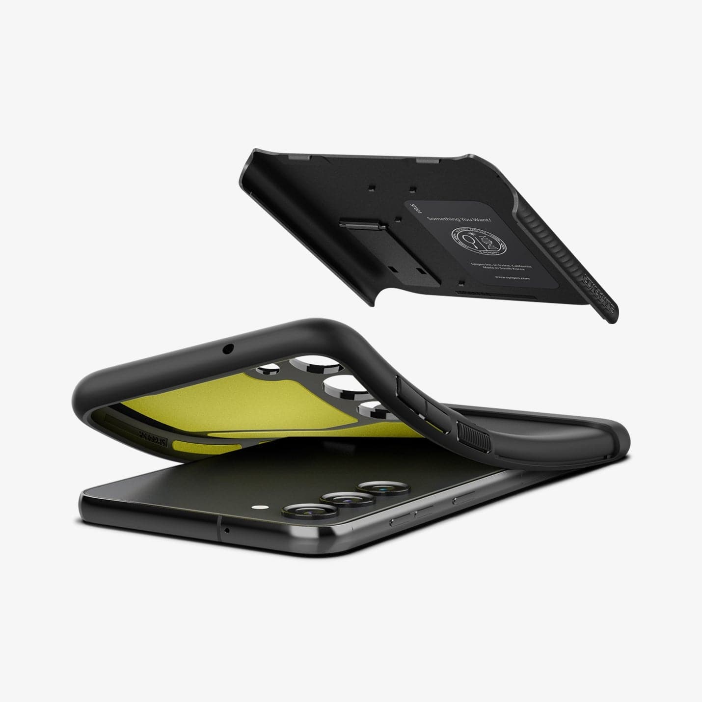 ACS05689 - Galaxy S23 Plus Case Slim Armor in black showing the back bending slightly away from device to show the flexibility and back layer hovering above
