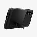 ACS05689 - Galaxy S23 Plus Case Slim Armor in black showing the back and bottom with device propped up by built in kickstand