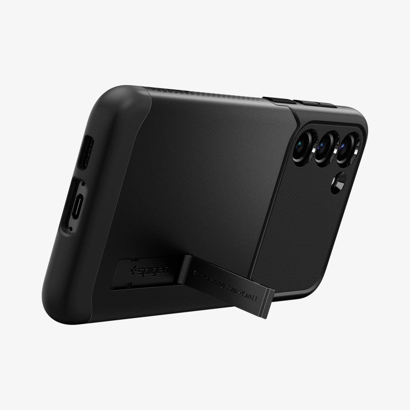 ACS05689 - Galaxy S23 Plus Case Slim Armor in black showing the back and bottom with device propped up by built in kickstand