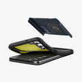 ACS05688 - Galaxy S23 Plus Case Slim Armor in metal slate showing the back bending slightly away from device to show the flexibility and back layer hovering above