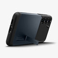 ACS05688 - Galaxy S23 Plus Case Slim Armor in metal slate showing the back and bottom with device propped up by built in kickstand