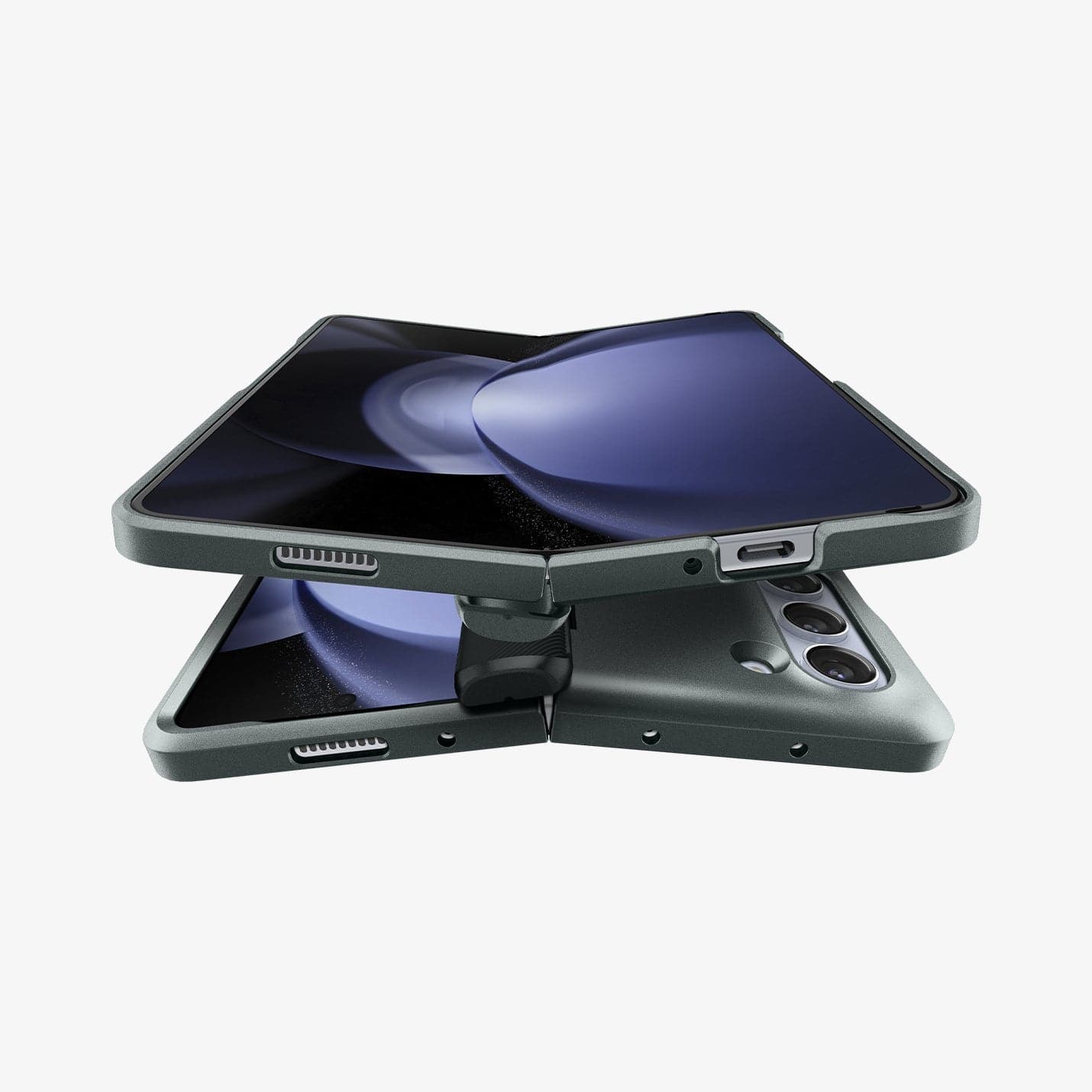 ACS06212 - Galaxy Z Fold 5 Case Slim Armor Pro in abyss green showing the front of one device fully open hovering above another device