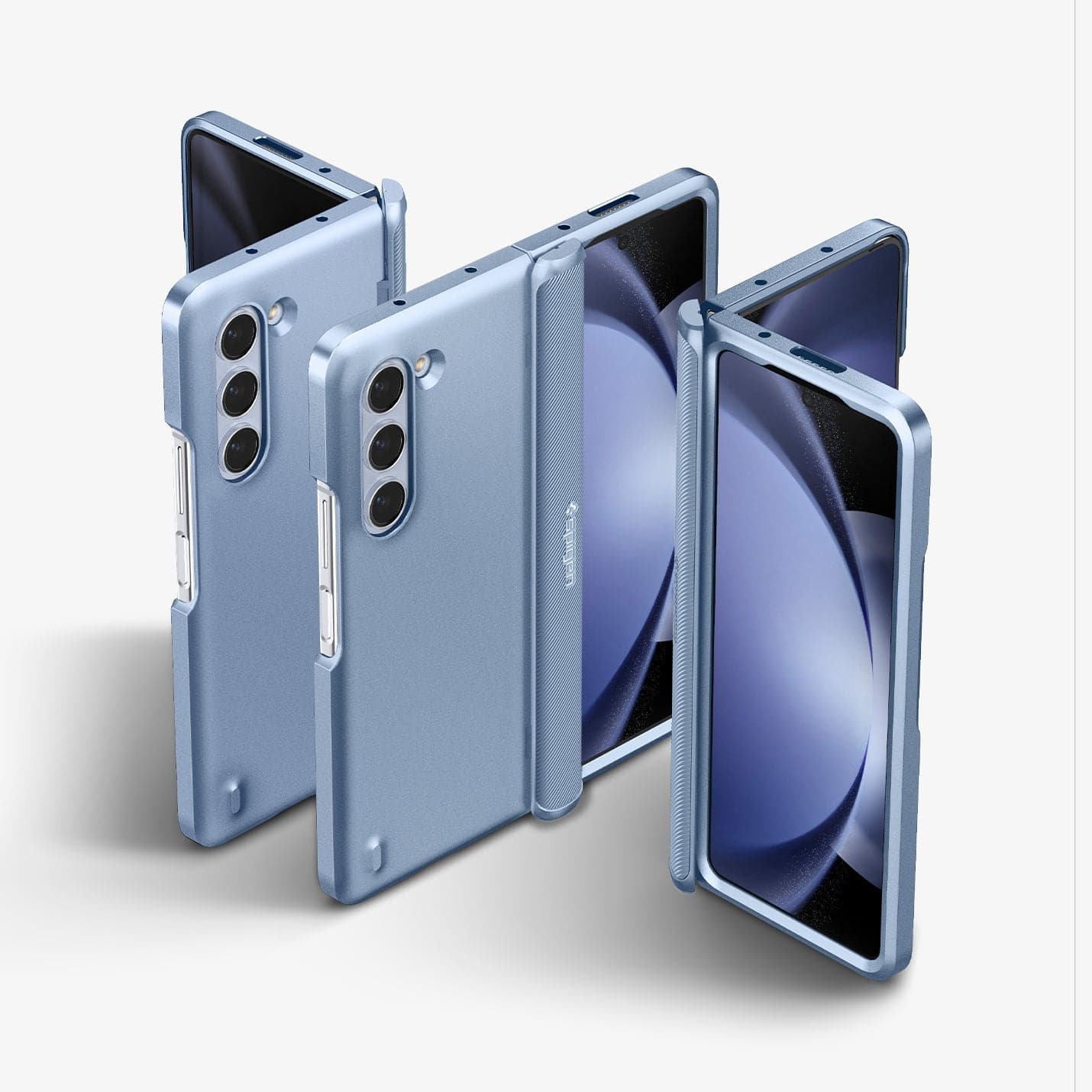 ACS06869 - Galaxy Z Fold 5 Case Slim Armor Pro in sierra blue showing the back and front of multiple devices