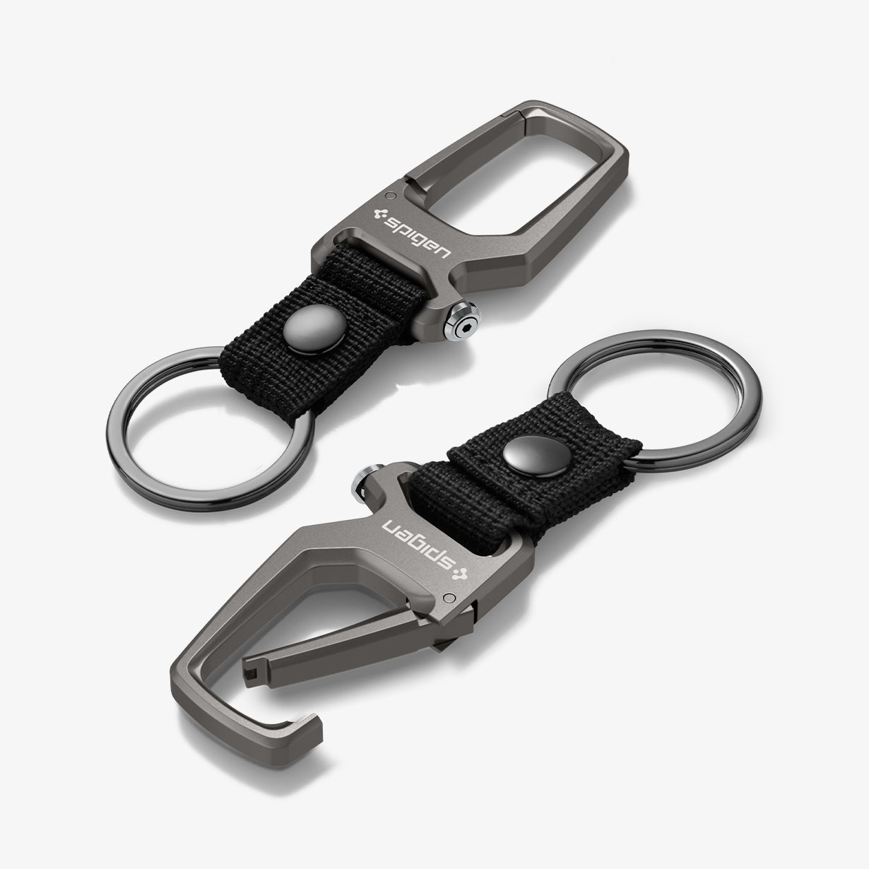 AHP04505 - Carabiner + Keyring in gunmetal showing the back, front and sides