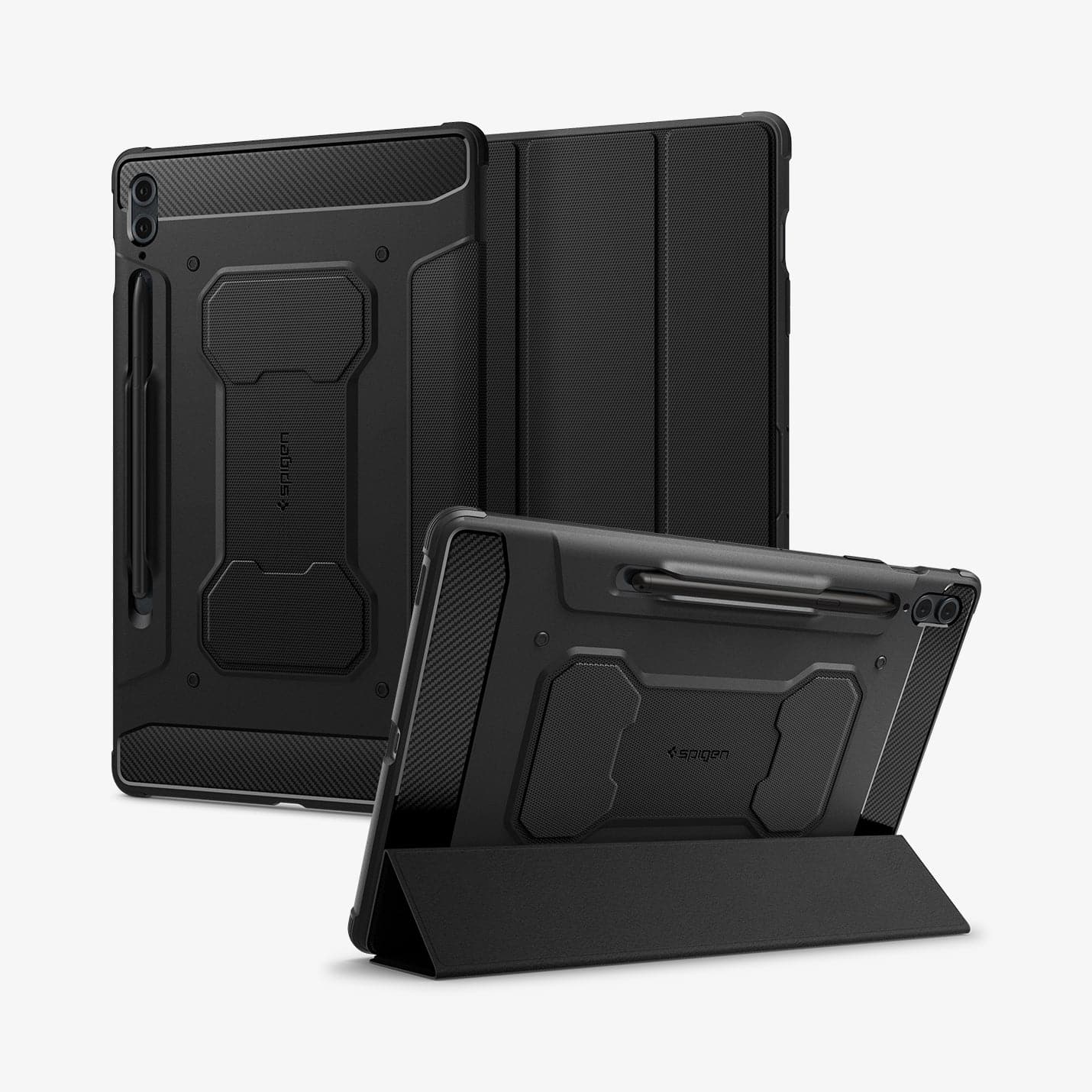 ACS06856 - Galaxy Tab S9 FE+ Case Rugged Armor Pro in black showing the back, front and device propped up by built in kickstand