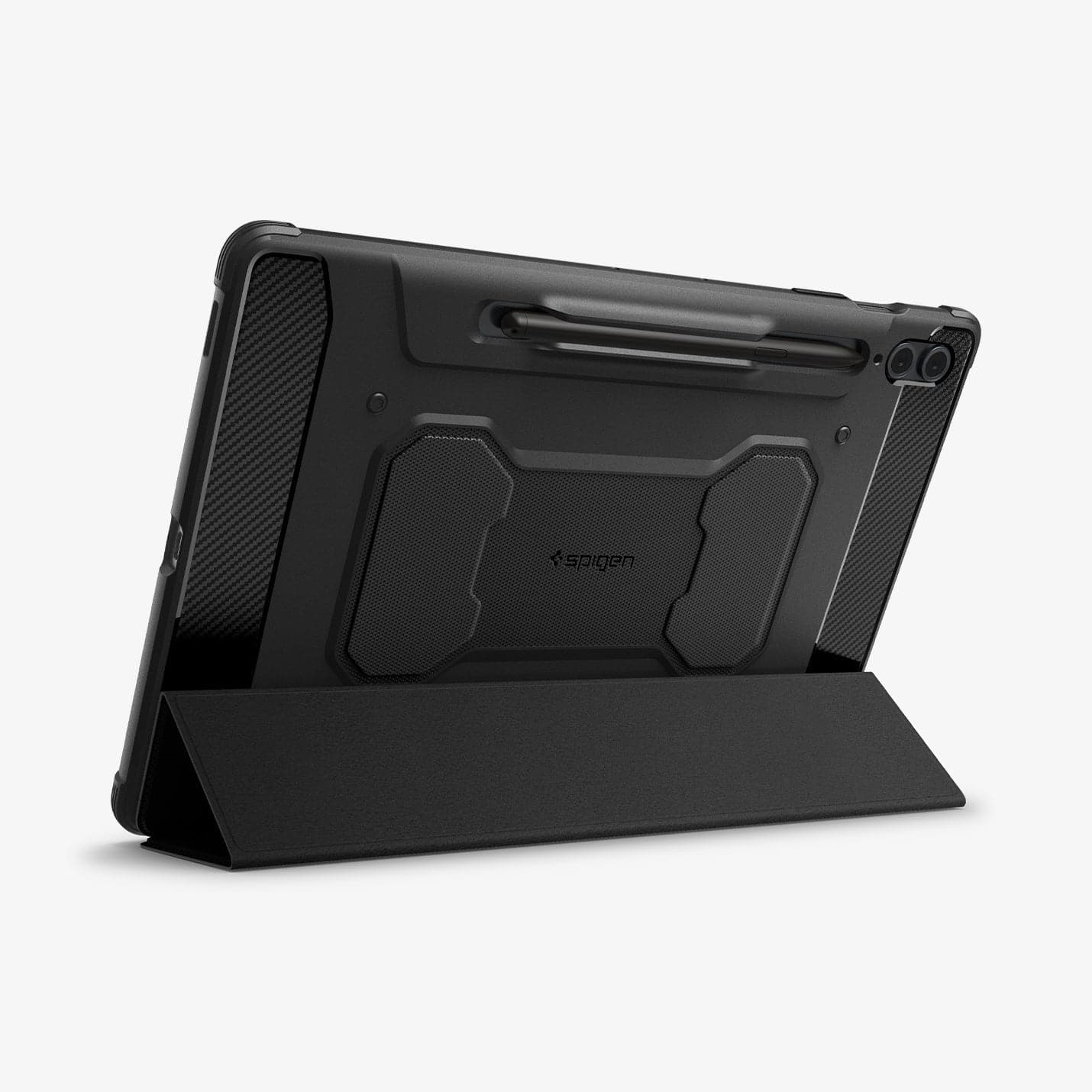 ACS06856 - Galaxy Tab S9 FE+ Case Rugged Armor Pro in black showing the back with device propped up by built in kickstand