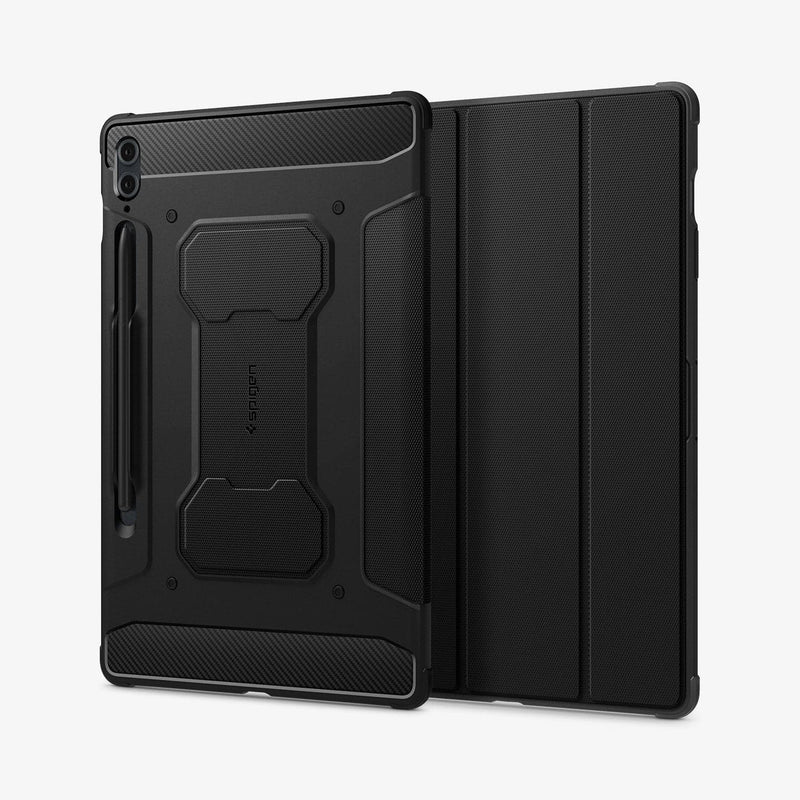 ACS06856 - Galaxy Tab S9 FE+ Case Rugged Armor Pro in black showing the back and front