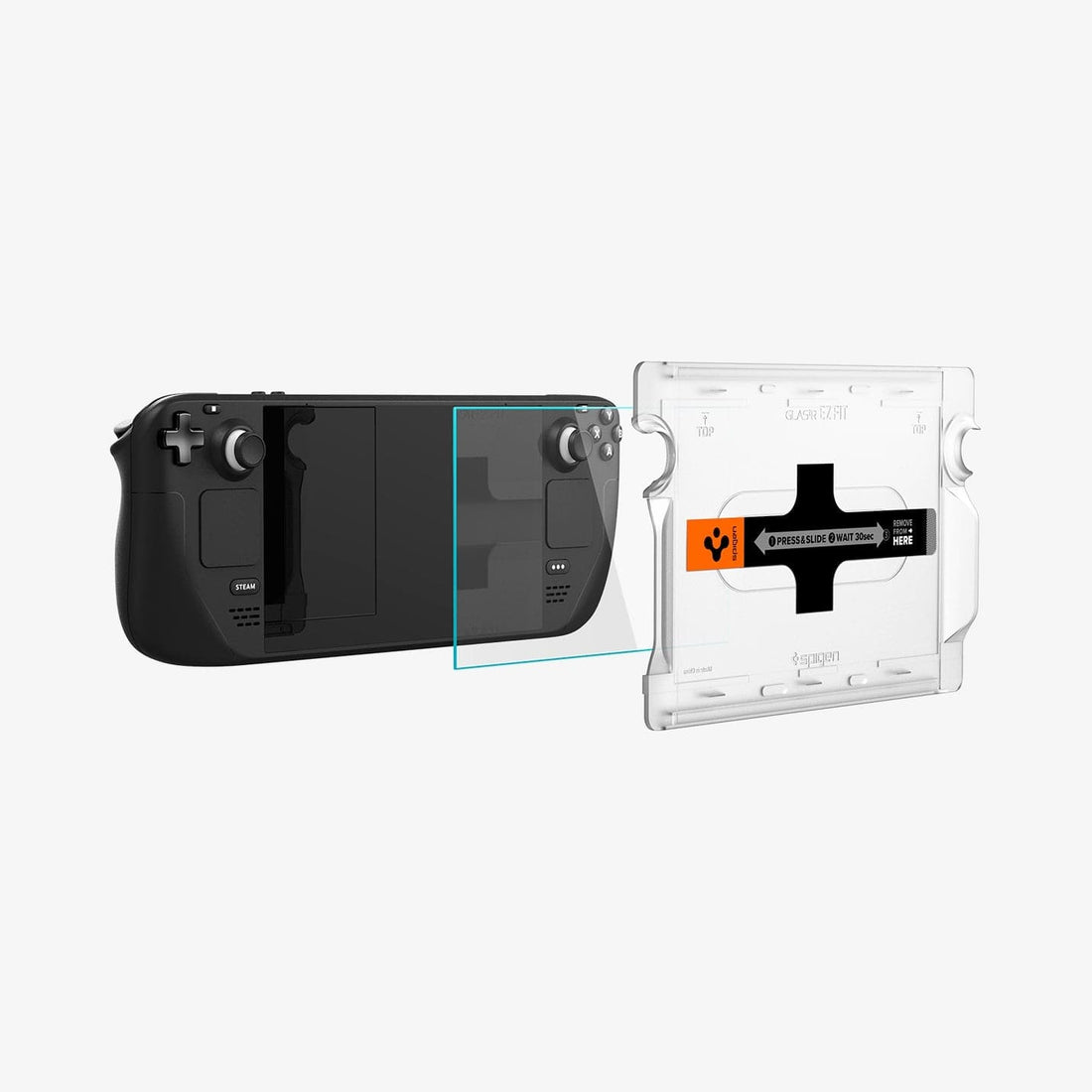 AGL05600 - Steam Deck Screen Protector EZ FIT GLAS.tR showing the device, screen protector, ez fit tray and packaging