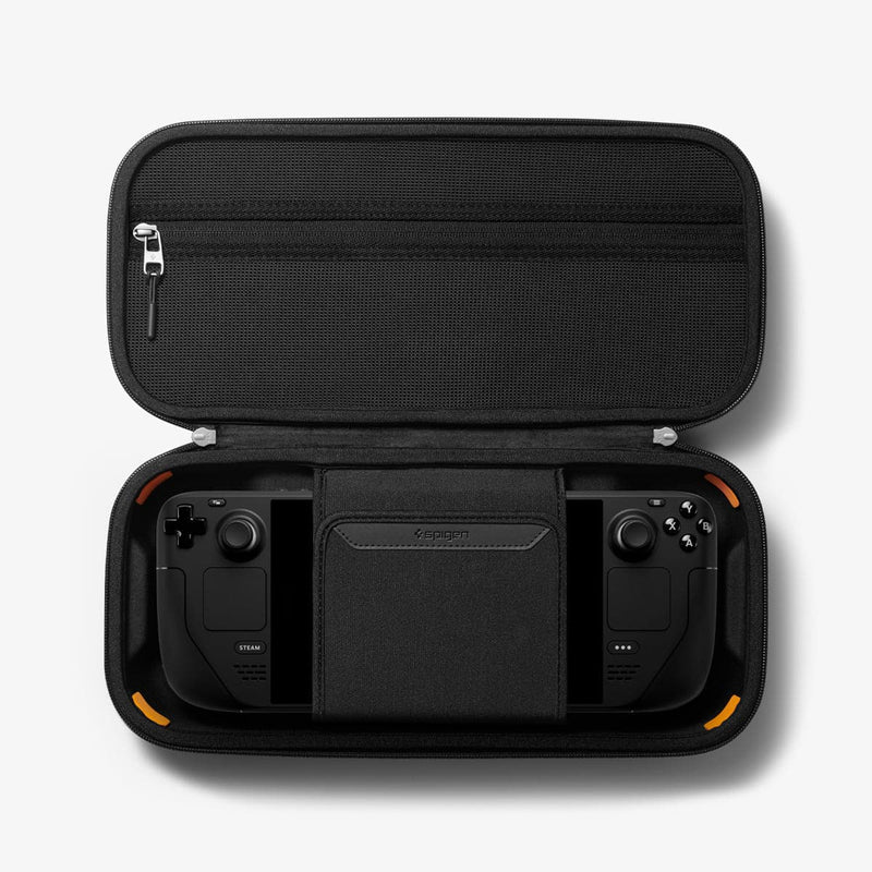 AFA03731 - Steam Deck Case Rugged Armor Pro Sleeve in black showing the inside with zipper pouch and secure straps for your device