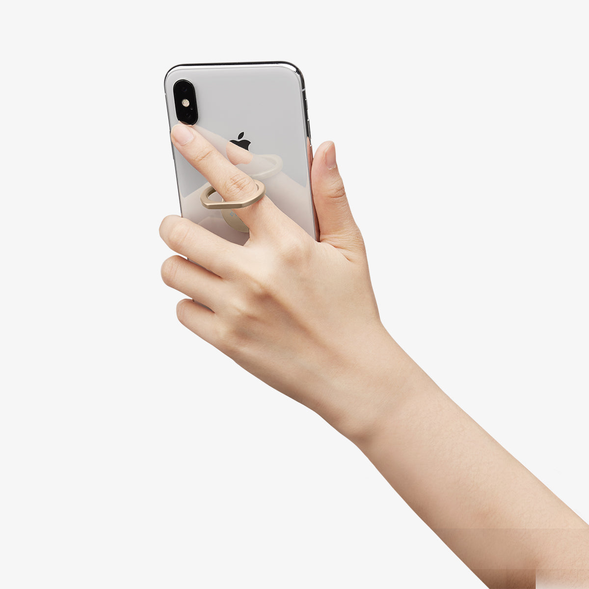 000SR24437 - Style Ring 360 in champagne gold showing the phone in someone's hand with ring attached