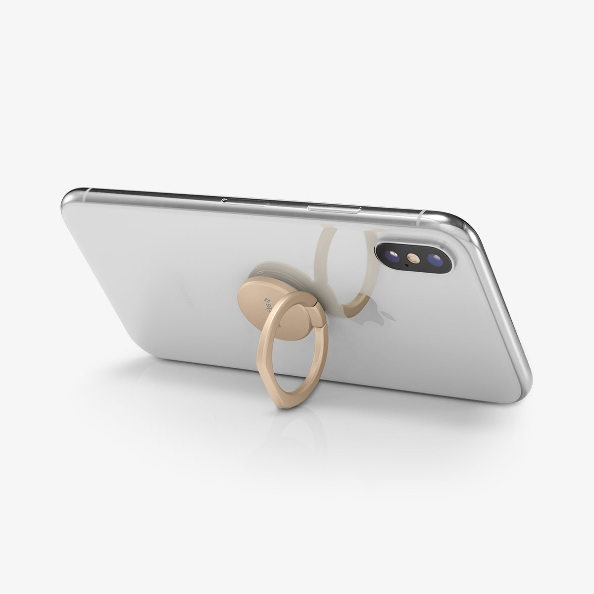 000SR24437 - Style Ring 360 in champagne gold showing the phone propped up by ring attached to back of device