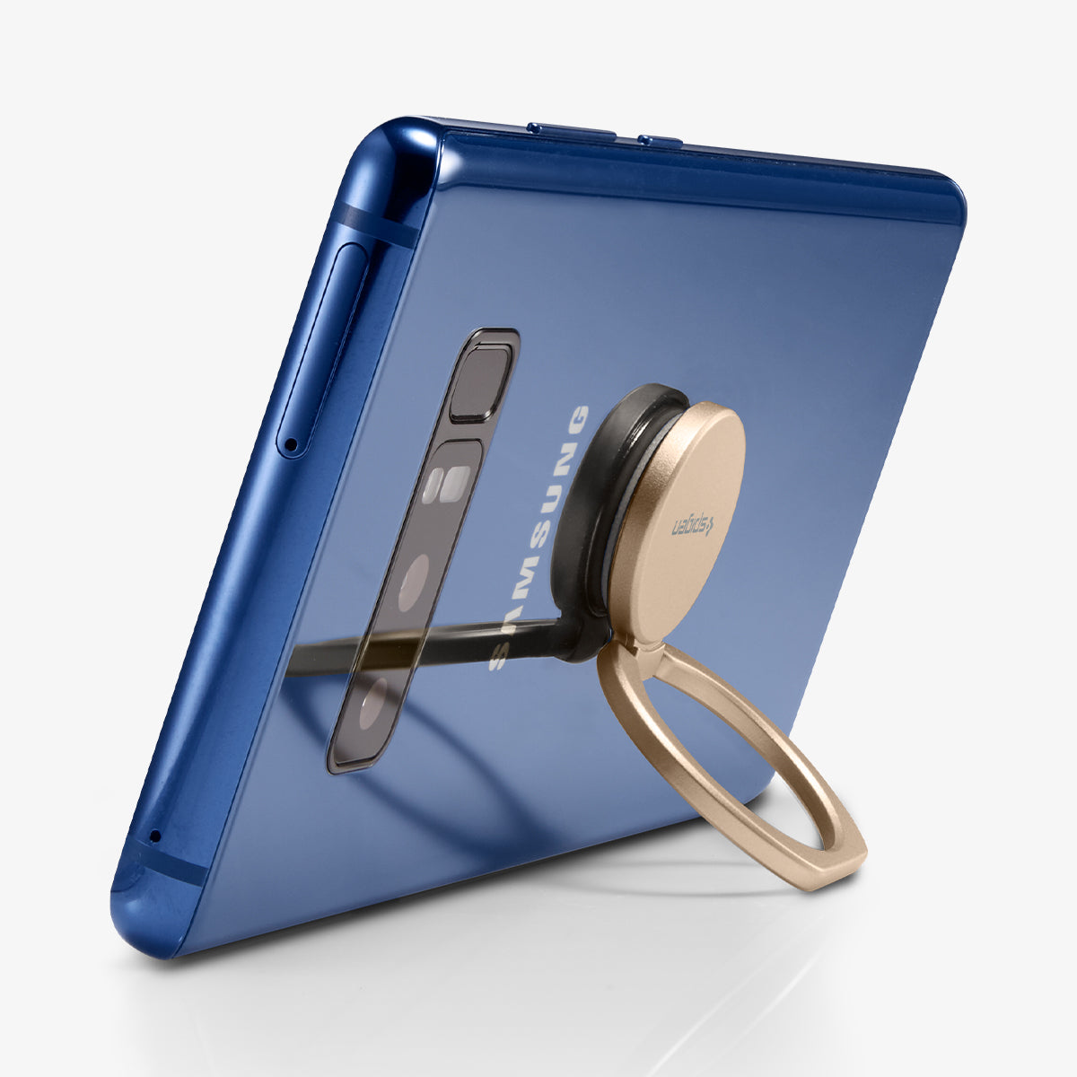 000SR24437 - Style Ring 360 in champagne gold showing the phone propped up by ring attached