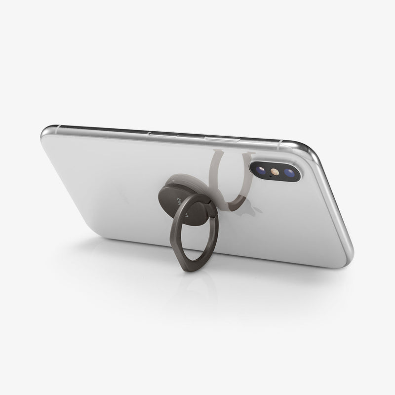 000SR24433 - Style Ring 360 in gunmetal showing the phone propped up with ring attached to the back of device