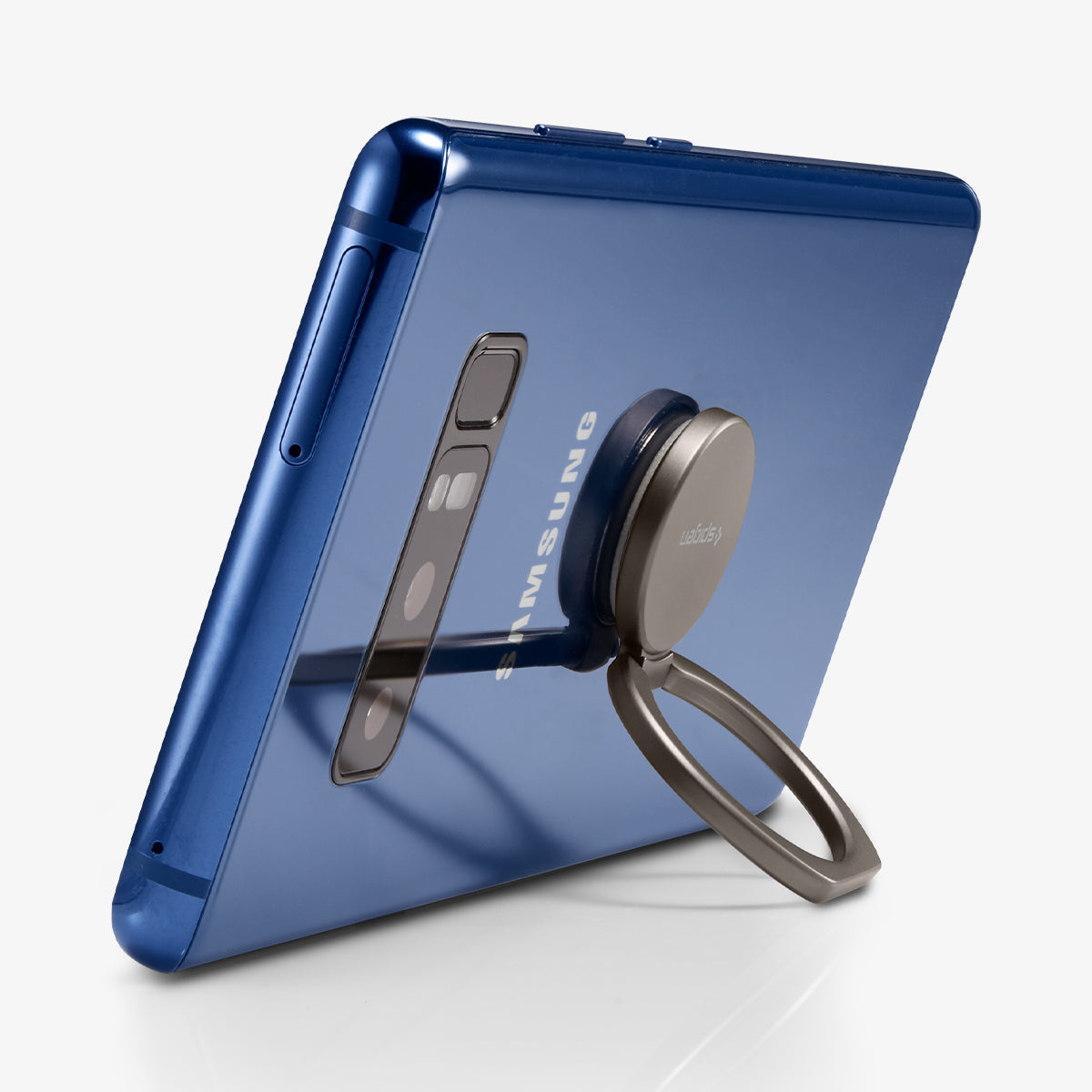 000SR24433 - Style Ring 360 in gunmetal showing the phone propped up with ring attached to the back