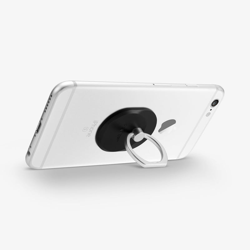 SGP11845 - Style Ring in black showing attached to back of device and propping phone up horizontally