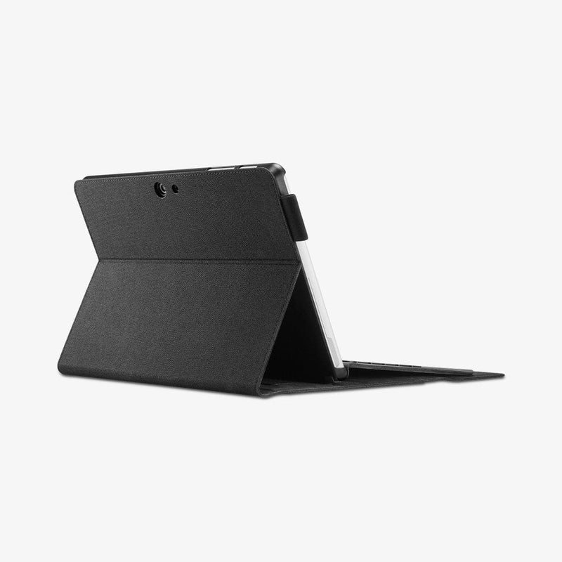 J06CS25184 - Surface Go 3 Case Stand Folio in black showing the back with device propped up by built in stand