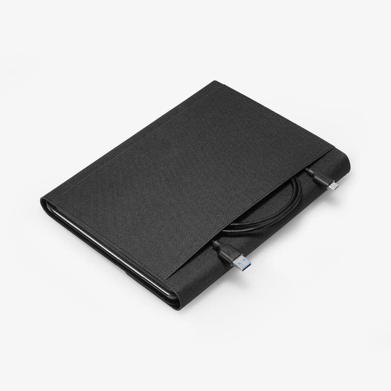 J06CS25184 - Surface Go 3 Case Stand Folio in black showing the back with charging cable sticking out of storage slot