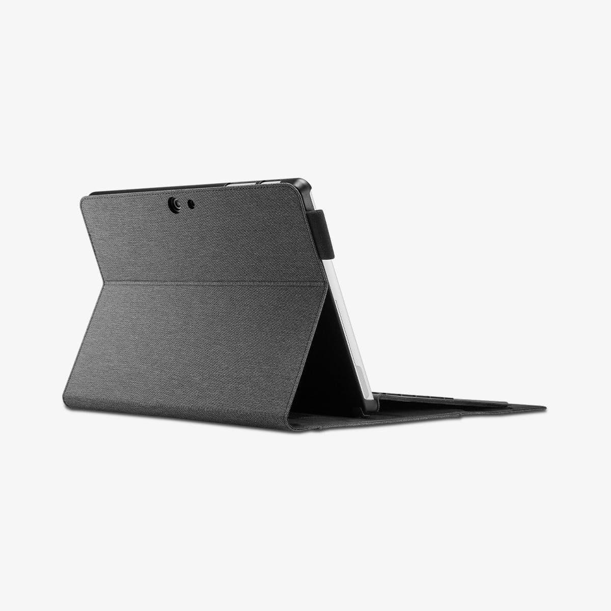 J06CS25185 - Surface Go 3 Case Stand Folio in charcoal gray showing the back with device propped up by built in stand