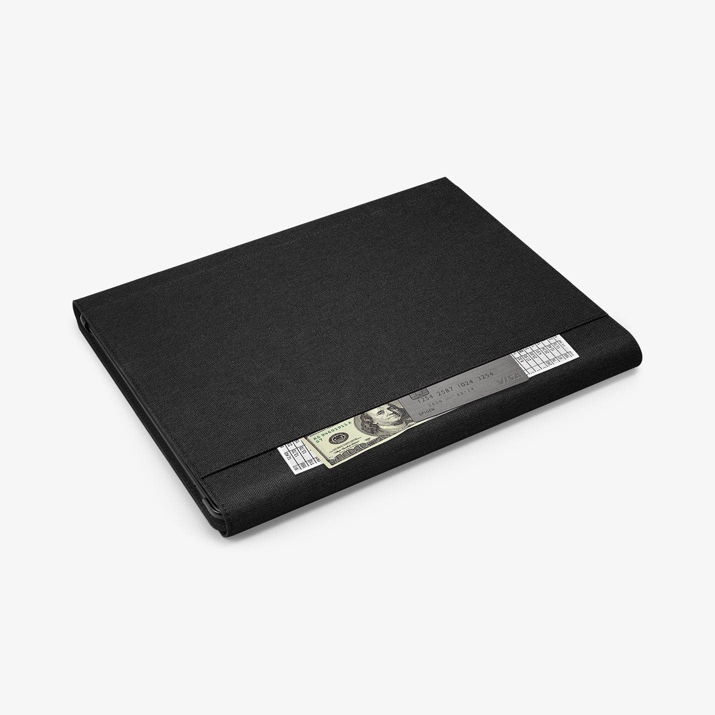 ACS01002 - Microsoft Surface Pro X Case Stand Folio in black showing the back with cash and card sticking out of slot