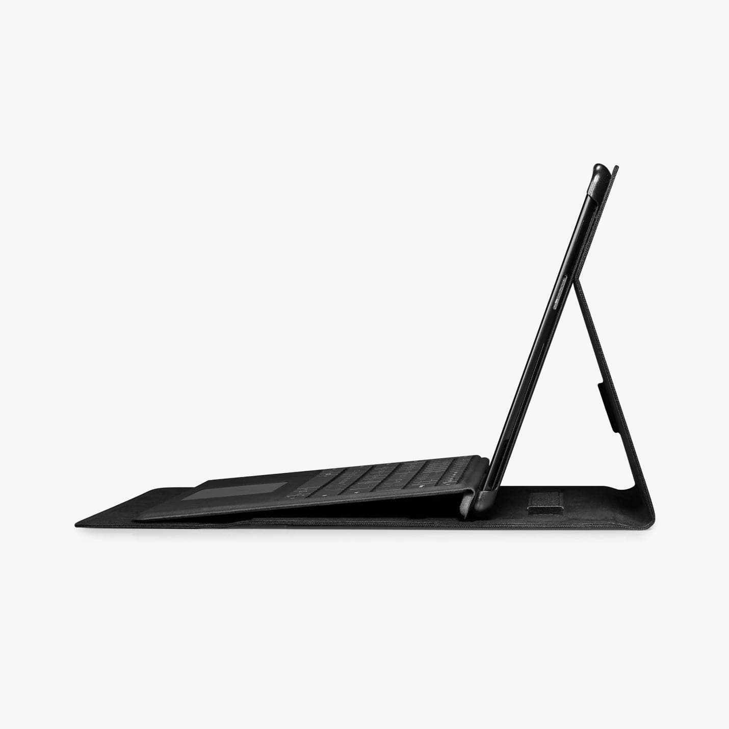 ACS01003 - Microsoft Surface Pro X Case Stand Folio in charcoal showing the side with device propped up by built in stand