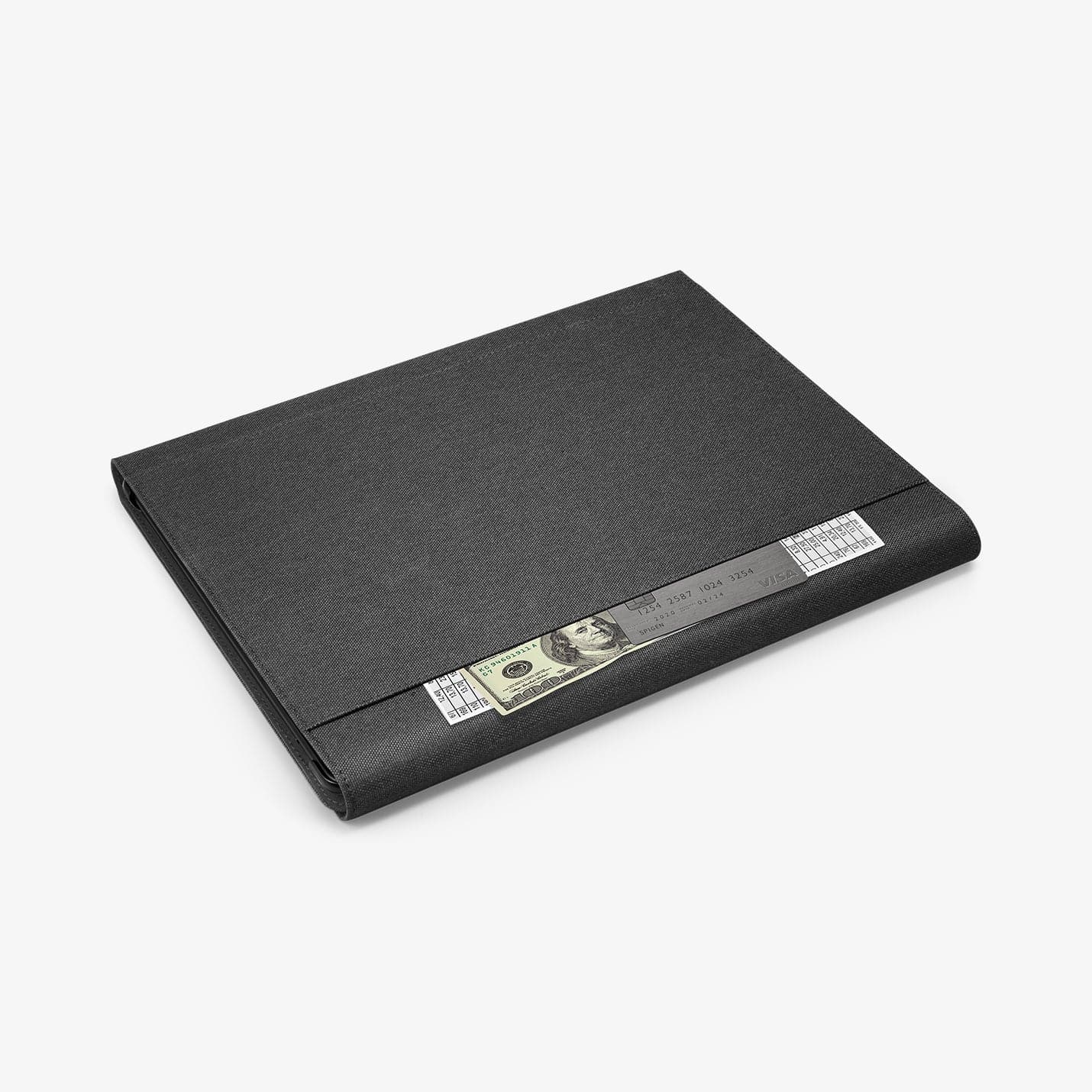 ACS01003 - Microsoft Surface Pro X Case Stand Folio in charcoal showing the back with case and card sticking out of storage slot