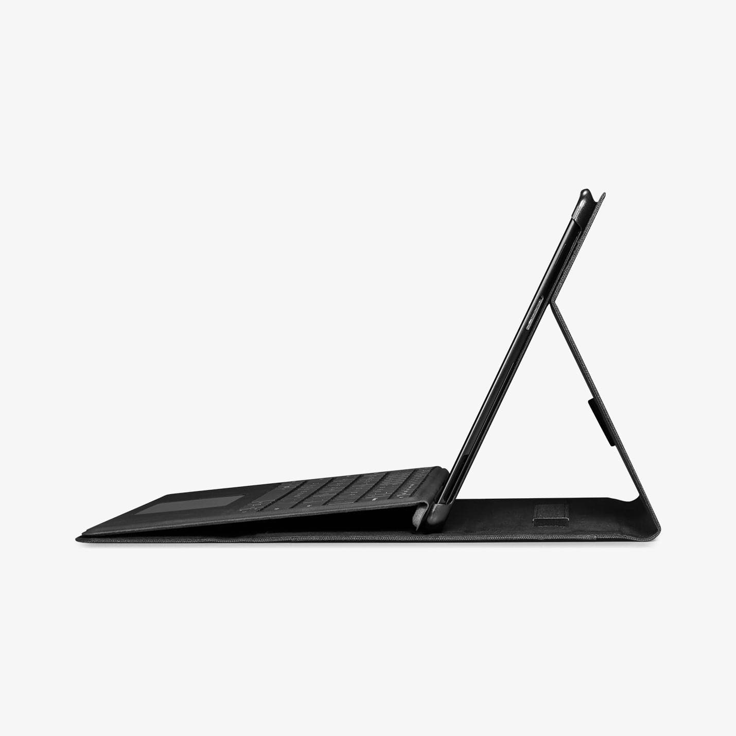 ACS01003 - Microsoft Surface Pro X Case Stand Folio in charcoal showing the side with device propped up by built in stand