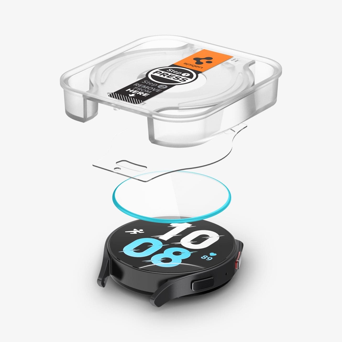 AGL06522 - Galaxy Watch 6 (40mm) Screen Protector EZ FIT GLAS.tR showing the ez fit tray and screen protector hovering above the watch face