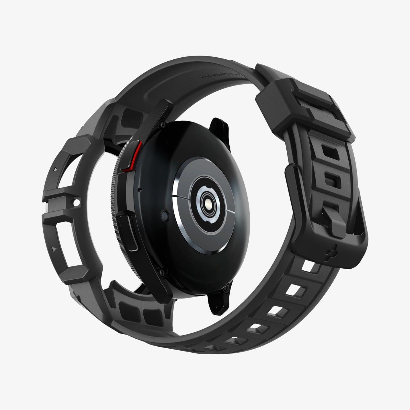 ACS06492 - Watch 6 Classic (43mm) Rugged Armor Pro in Black showing the back with watch face hovering away from band