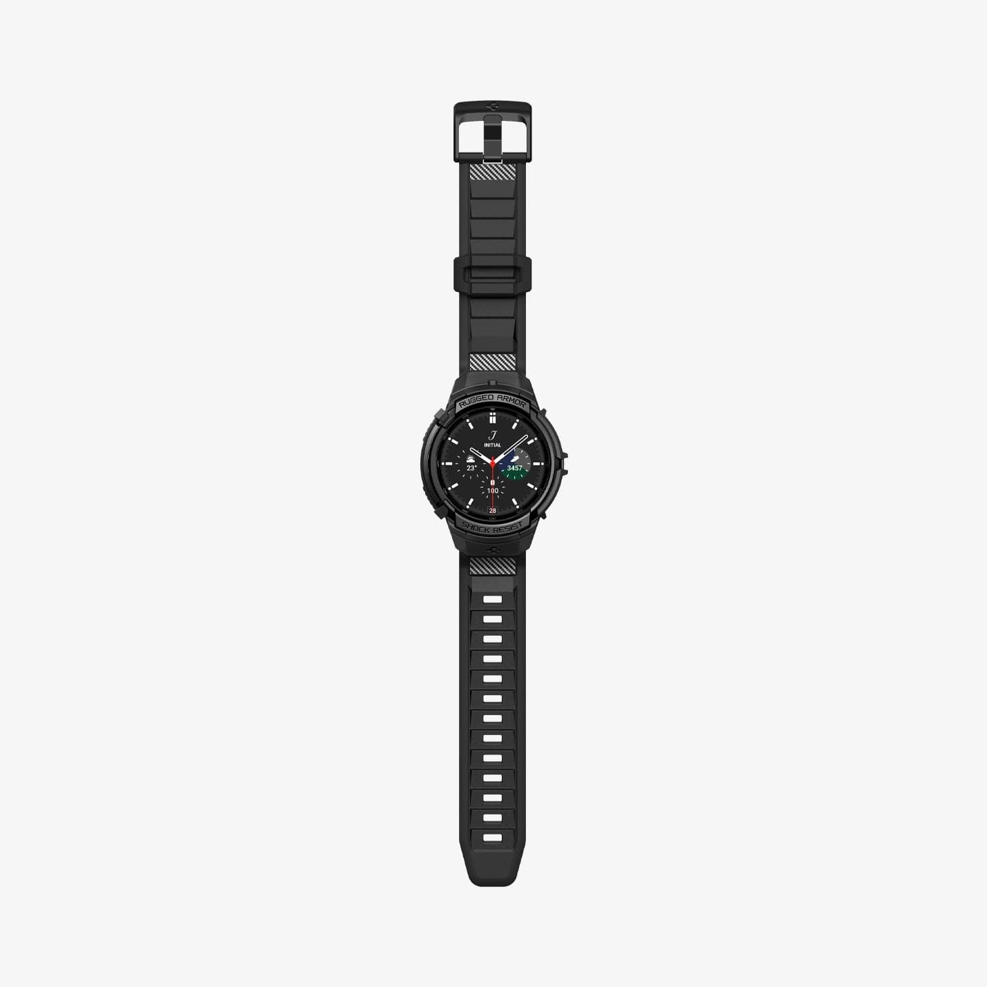 ACS06492 - Watch 6 Classic (43mm) Rugged Armor Pro in Black showing the front with watch band laid out flat