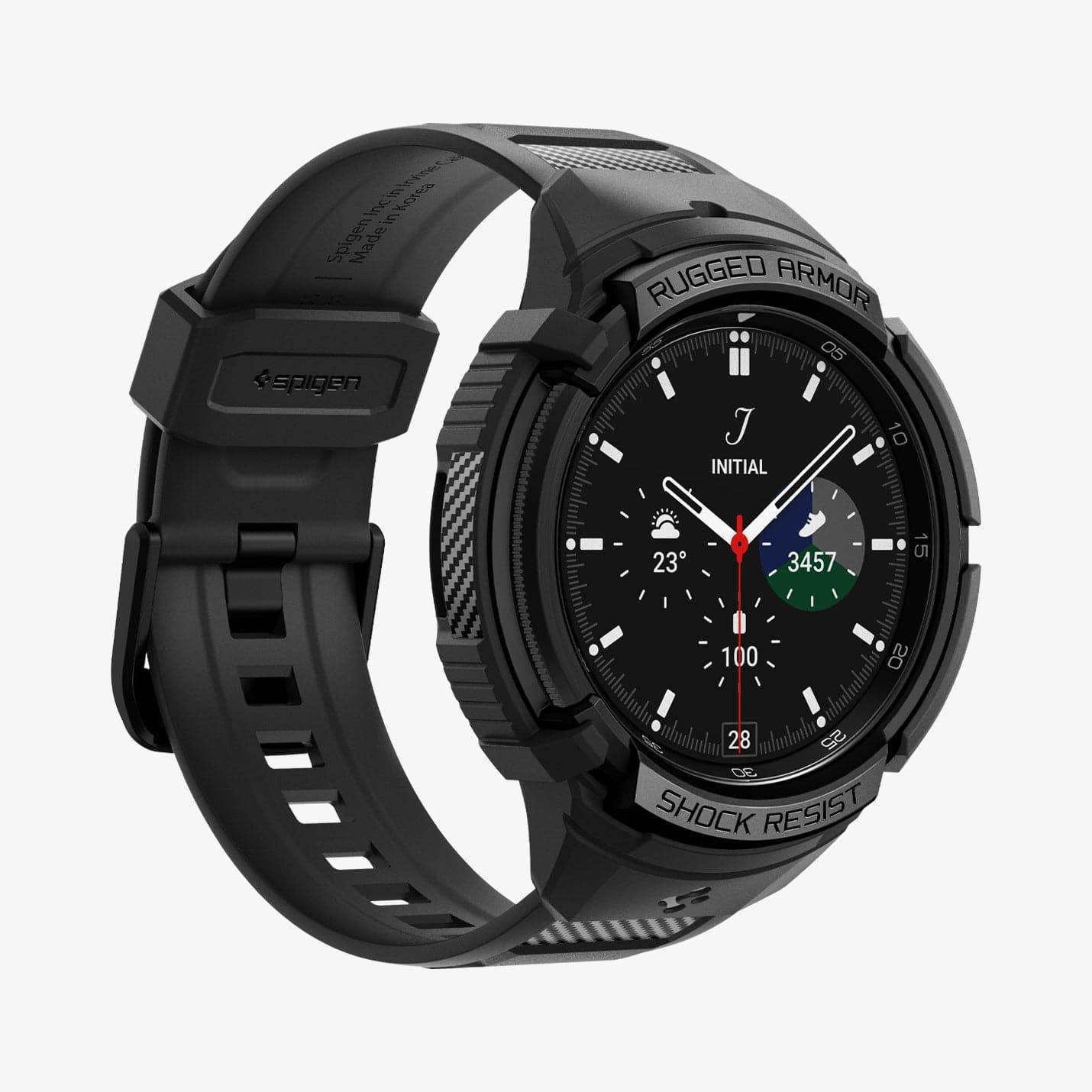 ACS06492 - Watch 6 Classic (43mm) Rugged Armor Pro in Black showing the front, partial side and inner side of the band