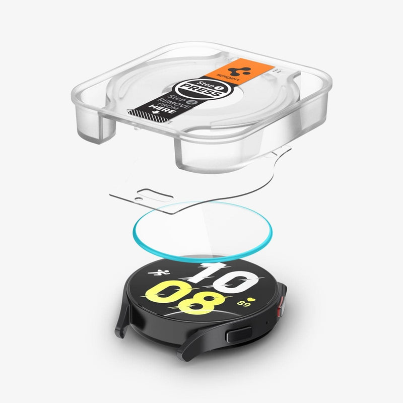 AGL06520 - Galaxy Watch 6 (44mm) Screen Protector EZ FIT GLAS.tR showing the ez fit tray and screen protector hovering above the watch face