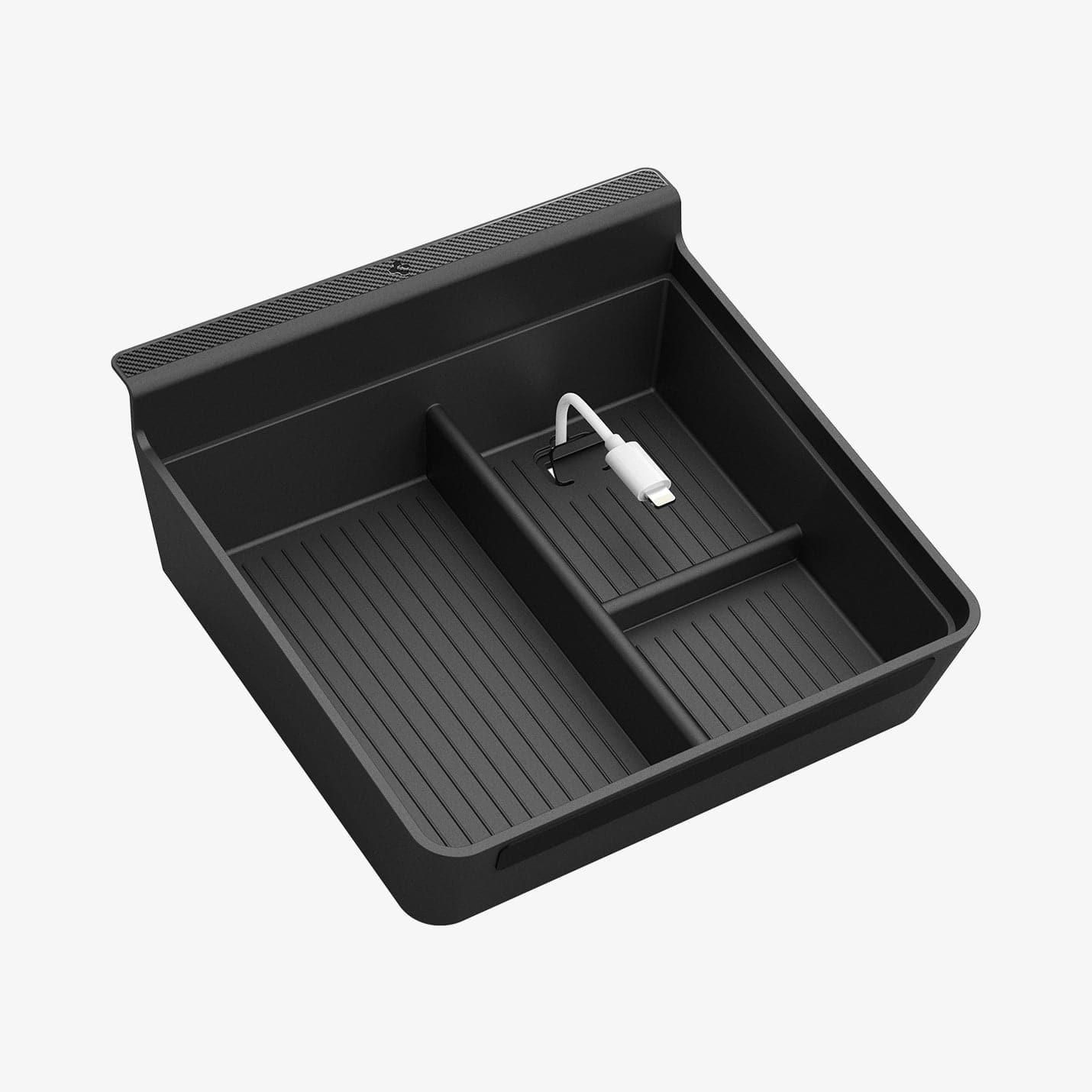 ACP06952 - Tesla Model S & X Center Console Organizer Tray in black showing the top and side view with charging cable sticking out of slot