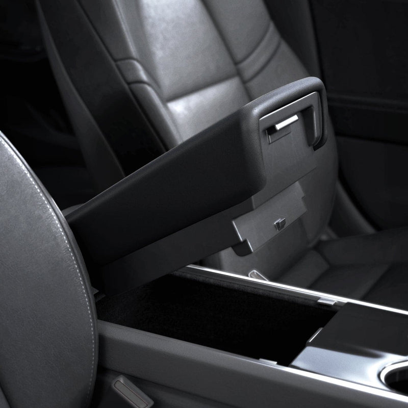 ACP06042 - Tesla Model 3 & Y Armrest Cover in black showing the cover installed with armrest open