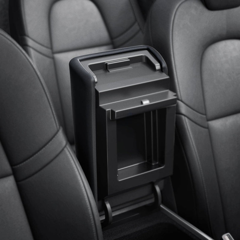 ACP06042 - Tesla Model 3 & Y Armrest Cover in black showing the side and bottom of armrest cover